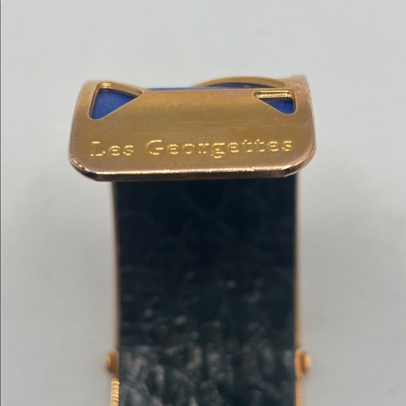 Les Georgettes Solaire gold-finish cuff bracelet Capri blue leather insert Euro - Picture 5 of 8